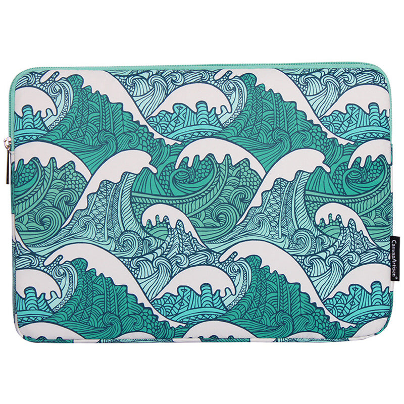 H3-04 Notebook Sleeve for 13-inch Laptop Green Wave Pattern Shockproof Liner Bag Zipper Case