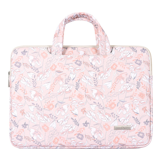 G4-B01 for 15-inch Notebook Flowers/Leaves Patterned Shock-Absorbed PU Leather Laptop Protective Handheld Handle Briefcase Carrying Case
