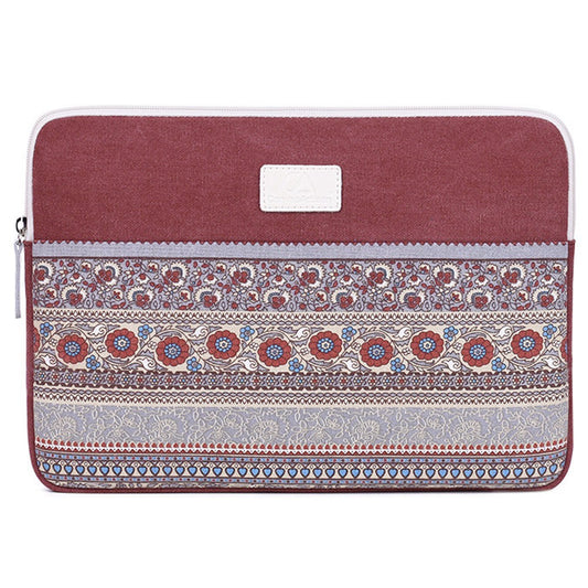 Shockproof Carry Case for 13-inch Notebooks Portable Business Canvas Sleeve Bag National Style Pattern Printed Laptop Bag - Wine Red