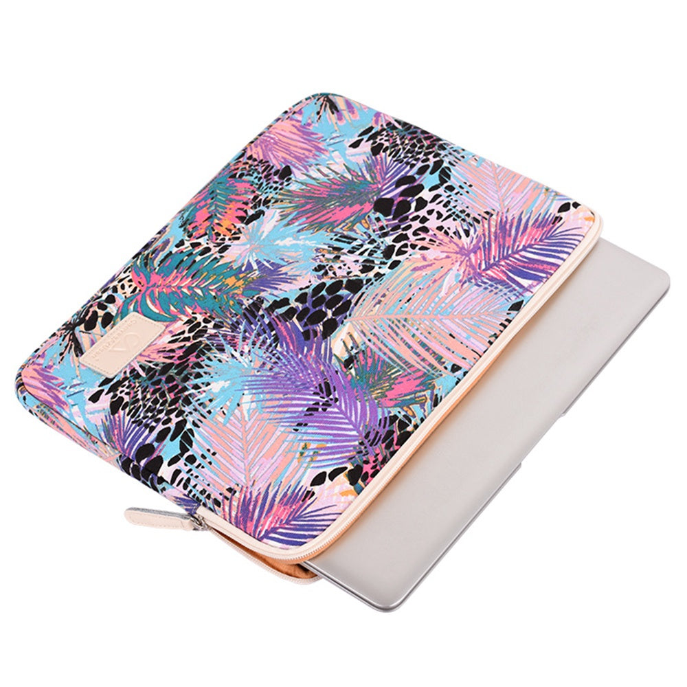 T50 Leaves Pattern Printed Portable Sleeve Bag for 15-inch Laptops Shockproof Slim Carry Case Anti-drop Canvas Bag