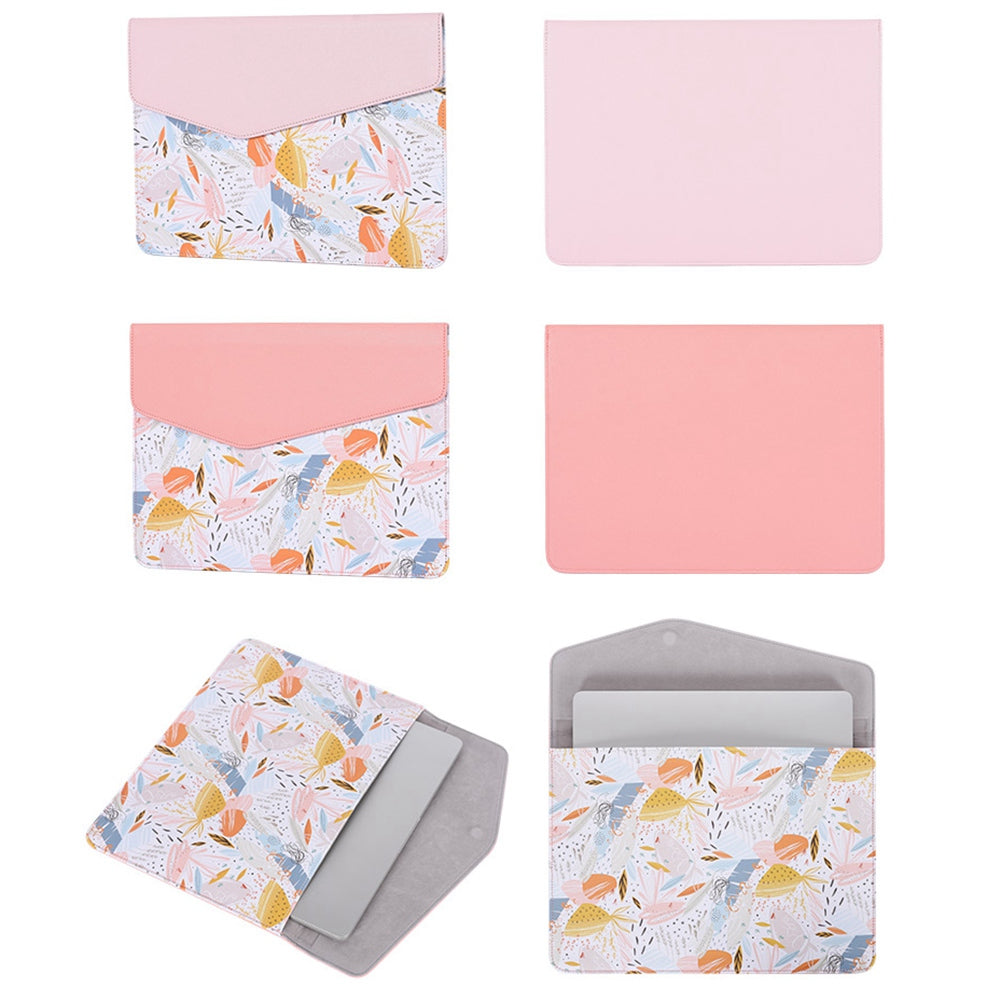 Canvasartisan E53-13 14-inch Waterproof Splash-Proof Watercolor Pattern Magnetic Flap PU Laptop Sleeve Envelope-Shaped Storage Pouch Bag - Pink
