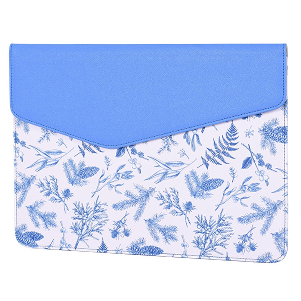 E55-13 for 12-inch Notebook Envelope Style PU Storage Bag Blue Leaves Pattern Magnetic Flap Laptop Sleeve