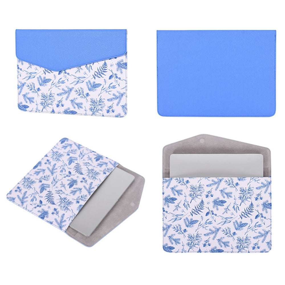 E55-13 for 12-inch Notebook Envelope Style PU Storage Bag Blue Leaves Pattern Magnetic Flap Laptop Sleeve