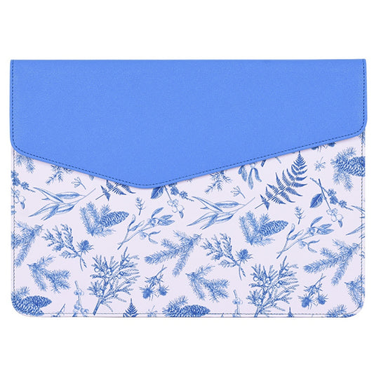 E55-13 15-inch Shockproof Blue Leaves Pattern Magnetic Flap Laptop Sleeve Envelope Storage Pouch