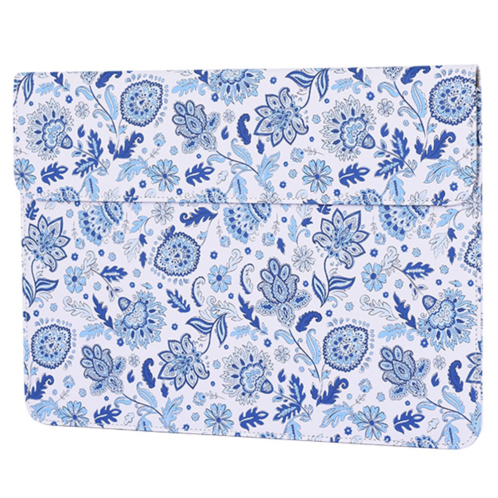 E54-T0111 2Pcs/Set 15-inch Light Blue Flower Pattern Magnetic Flap Envelope PU Laptop Sleeve + Small Bag