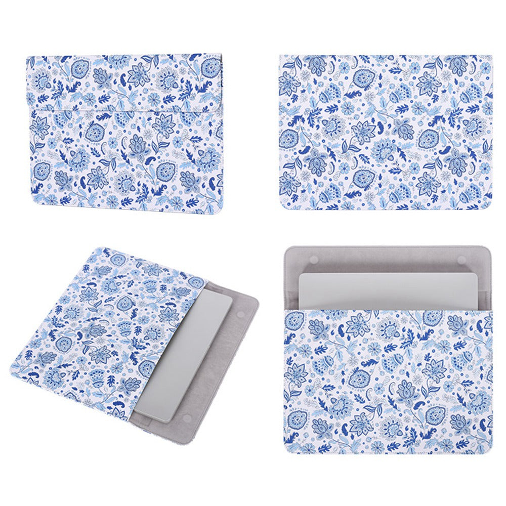 E54-T0111 2Pcs/Set 15-inch Light Blue Flower Pattern Magnetic Flap Envelope PU Laptop Sleeve + Small Bag