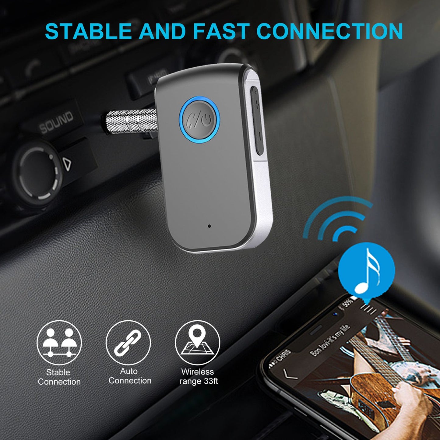 A16 In-Line Car Bluetooth Hands-Free Wireless Audio Receiver Upgrade Cordless Speaker Compatible with 3.5mm Audio Port Devices