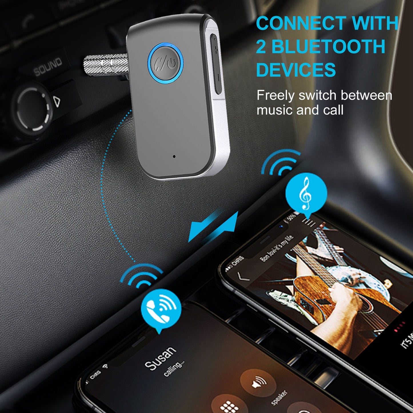 A16 In-Line Car Bluetooth Hands-Free Wireless Audio Receiver Upgrade Cordless Speaker Compatible with 3.5mm Audio Port Devices