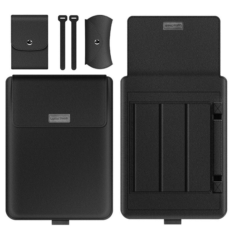 4Pcs/Set Anti-Drop PU Leather Sleeve Bag for 15/15.6-inch Laptops Shockproof Carry Case Portable Storage Bag with Stand/Handle Strap - Black