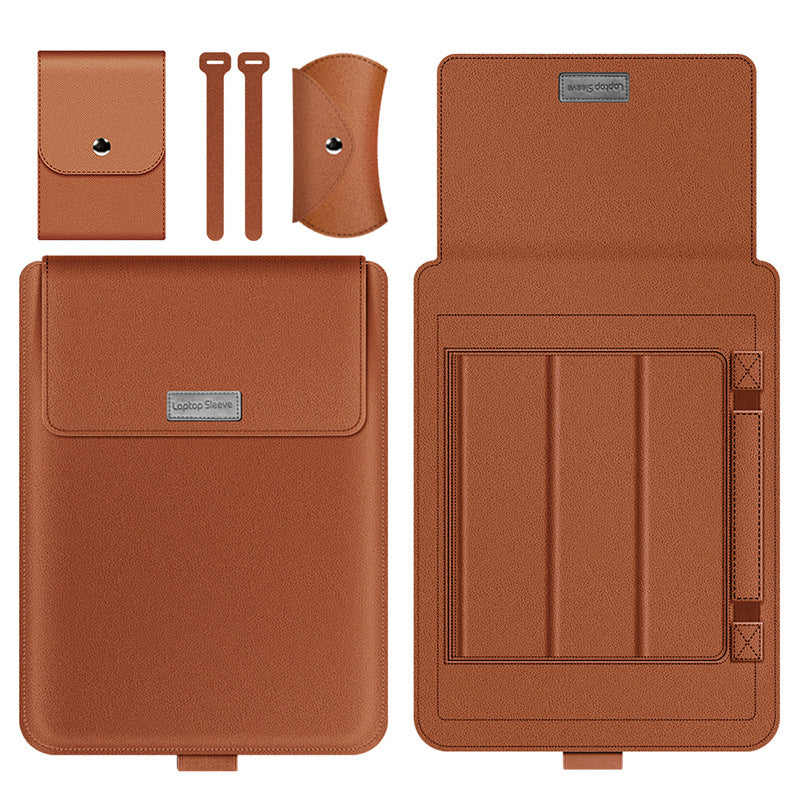 4Pcs/Set Anti-Drop PU Leather Sleeve Bag for 15/15.6-inch Laptops Shockproof Carry Case Portable Storage Bag with Stand/Handle Strap - Brown