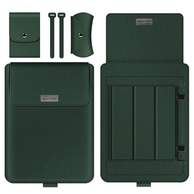 4Pcs/Set Anti-Drop PU Leather Sleeve Bag for 15/15.6-inch Laptops Shockproof Carry Case Portable Storage Bag with Stand/Handle Strap - Blackish Green