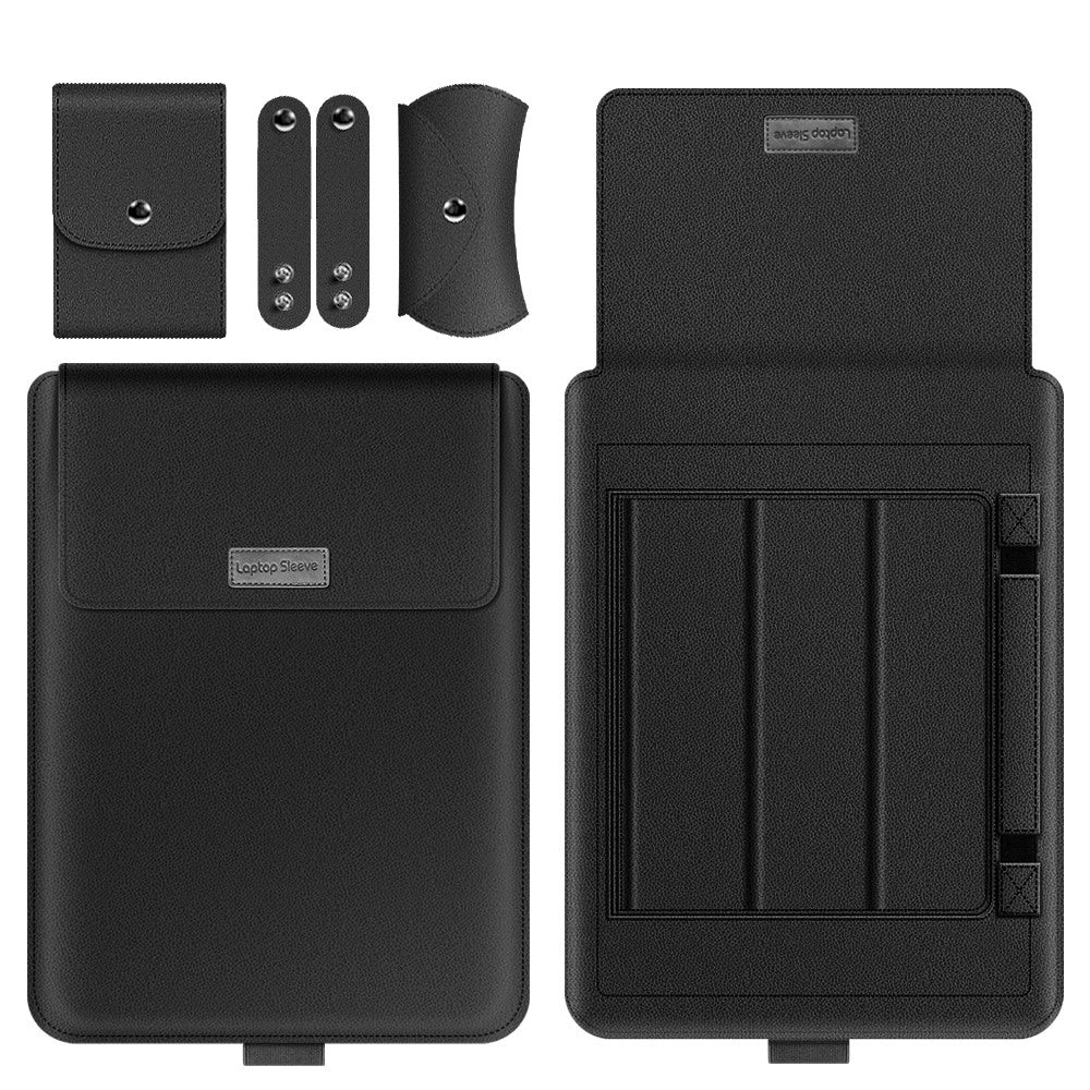 4Pcs/Set Portable Sleeve Bag for 16/17-inch Laptops Shockproof Carry Case Anti-Drop PU Leather Storage Bag with Stand/Handle Strap - Black