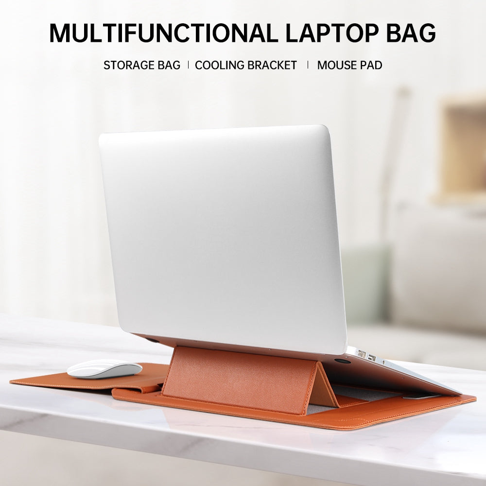 11-12inch PU Leather Laptop Sleeve Case Handheld Carrying Bag with Adjustable Stand - Brown