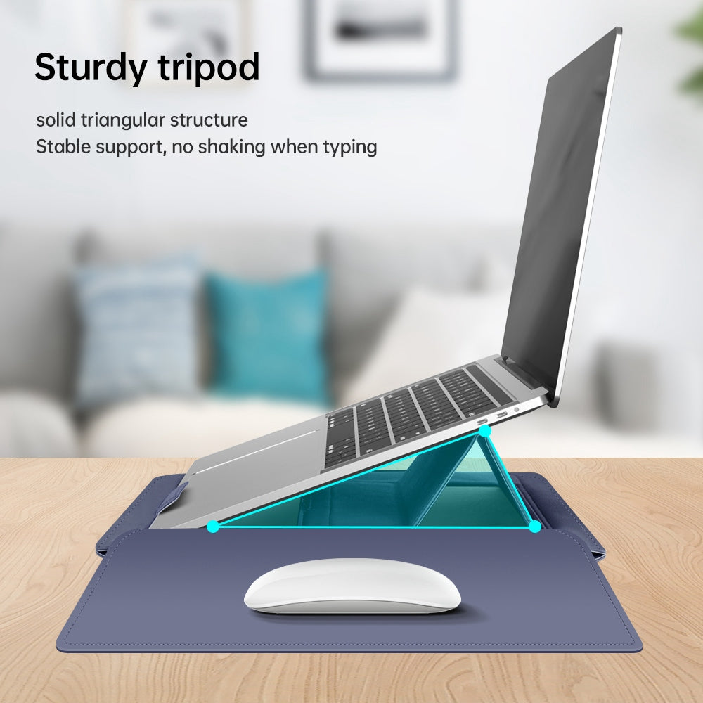 15-inch Laptop Sleeve Case PU Leather Notebook Carrying Case with Adjustable Stand - Dark Blue