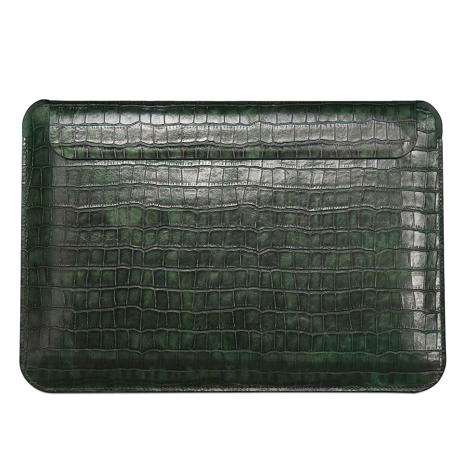 WIWU 13.3 inch Laptop Bag Magnetic Closure Genuine Leather Storage Pouch Multifunction Crocodile Texture Mouse Pad Notebook Computer Sleeve - Midnight Green