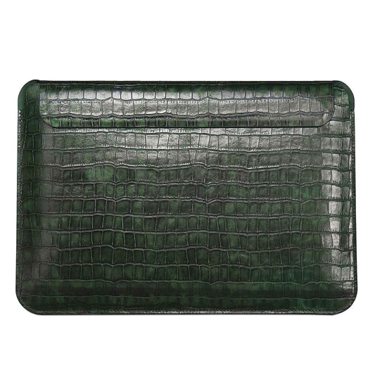 WIWU 13.3 inch Laptop Bag Magnetic Closure Genuine Leather Storage Pouch Multifunction Crocodile Texture Mouse Pad Notebook Computer Sleeve - Midnight Green