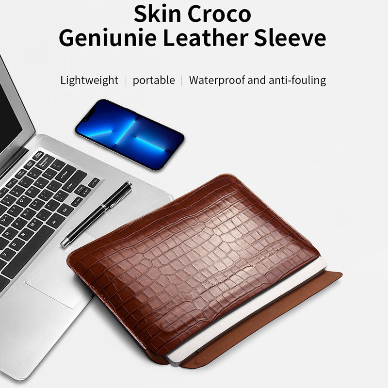 WIWU 13.3 inch Laptop Bag Magnetic Closure Genuine Leather Storage Pouch Multifunction Crocodile Texture Mouse Pad Notebook Computer Sleeve - Midnight Green