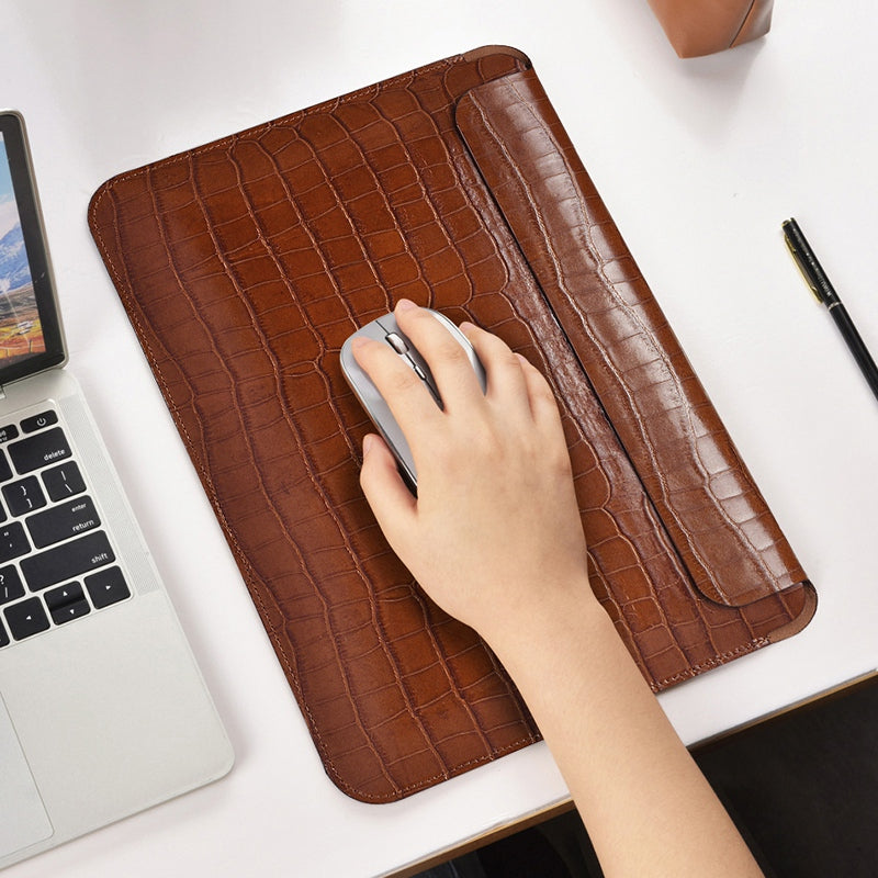 WIWU 13.3 inch Laptop Bag Magnetic Closure Genuine Leather Storage Pouch Multifunction Crocodile Texture Mouse Pad Notebook Computer Sleeve - Midnight Green
