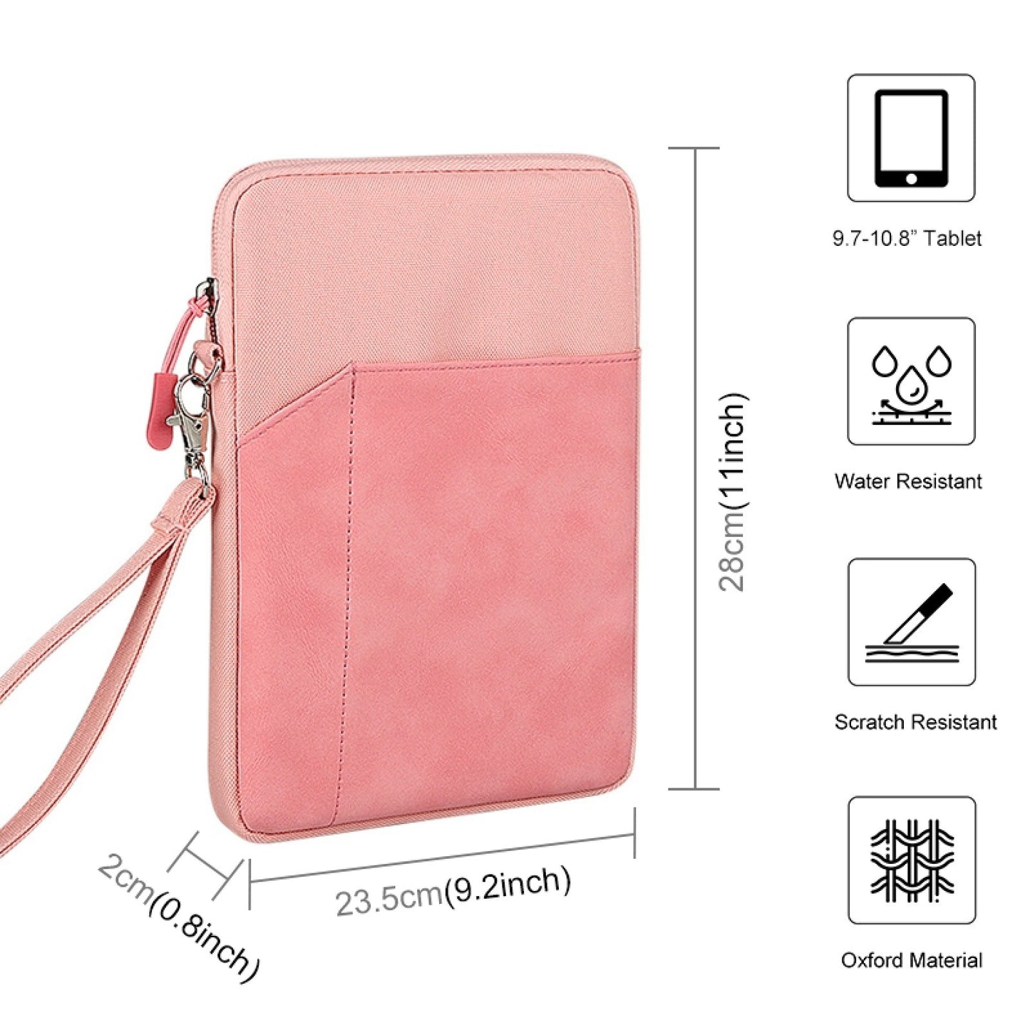 Uniqkart HWL7018 Zippered Carry Case for iPad 9.7-11 inch Scratch-Proof Tablets Sleeve Bag with Strap - Pink