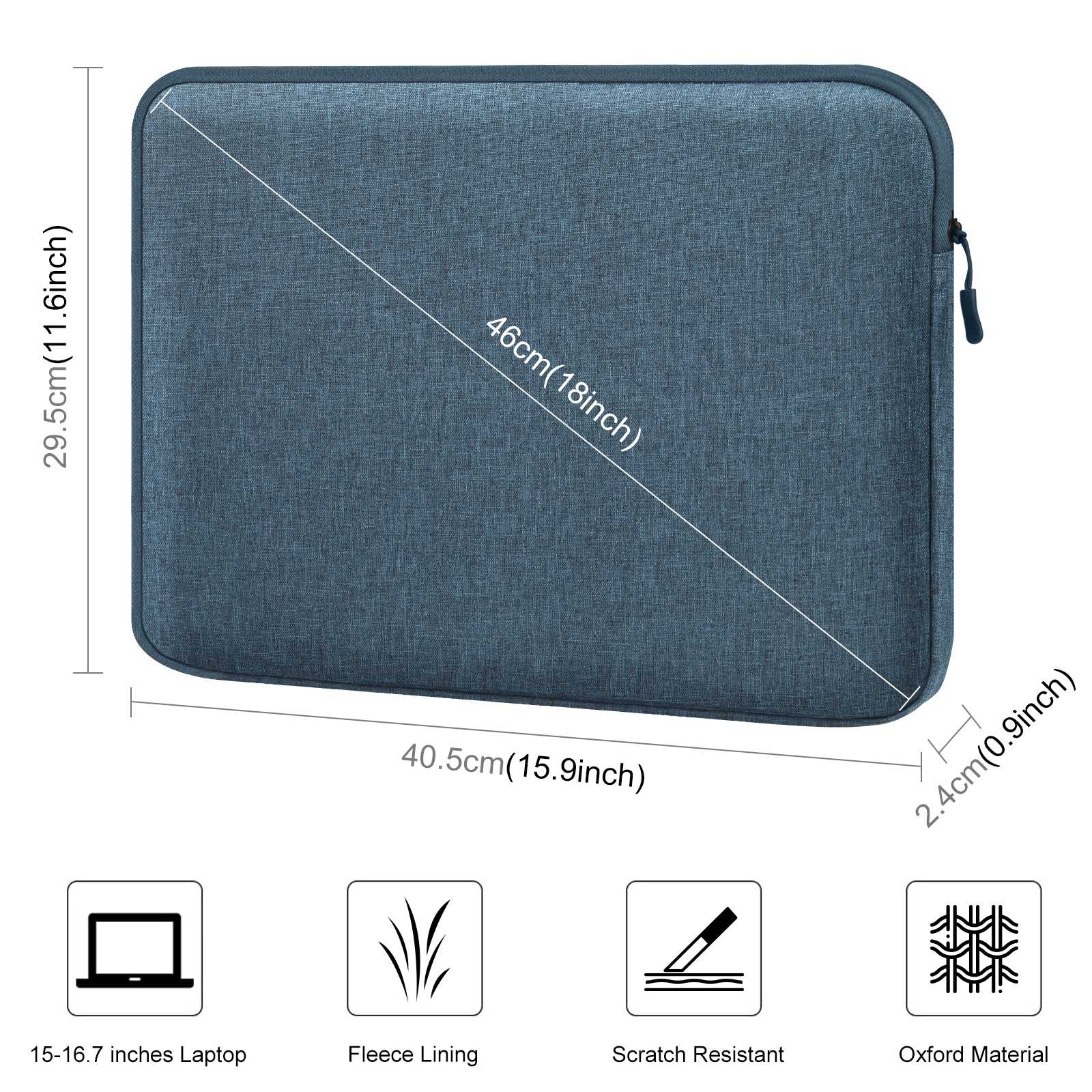 Haweel HWL7016 For Macbook Pro 15 inch (2016) / (2018-2019)  /  16 inch (2022) Shockproof Zippered Sleeve Bag Scratch Resistant Carry Case (40.5 x 29.5cm, 15-16.7 inch) - Blue