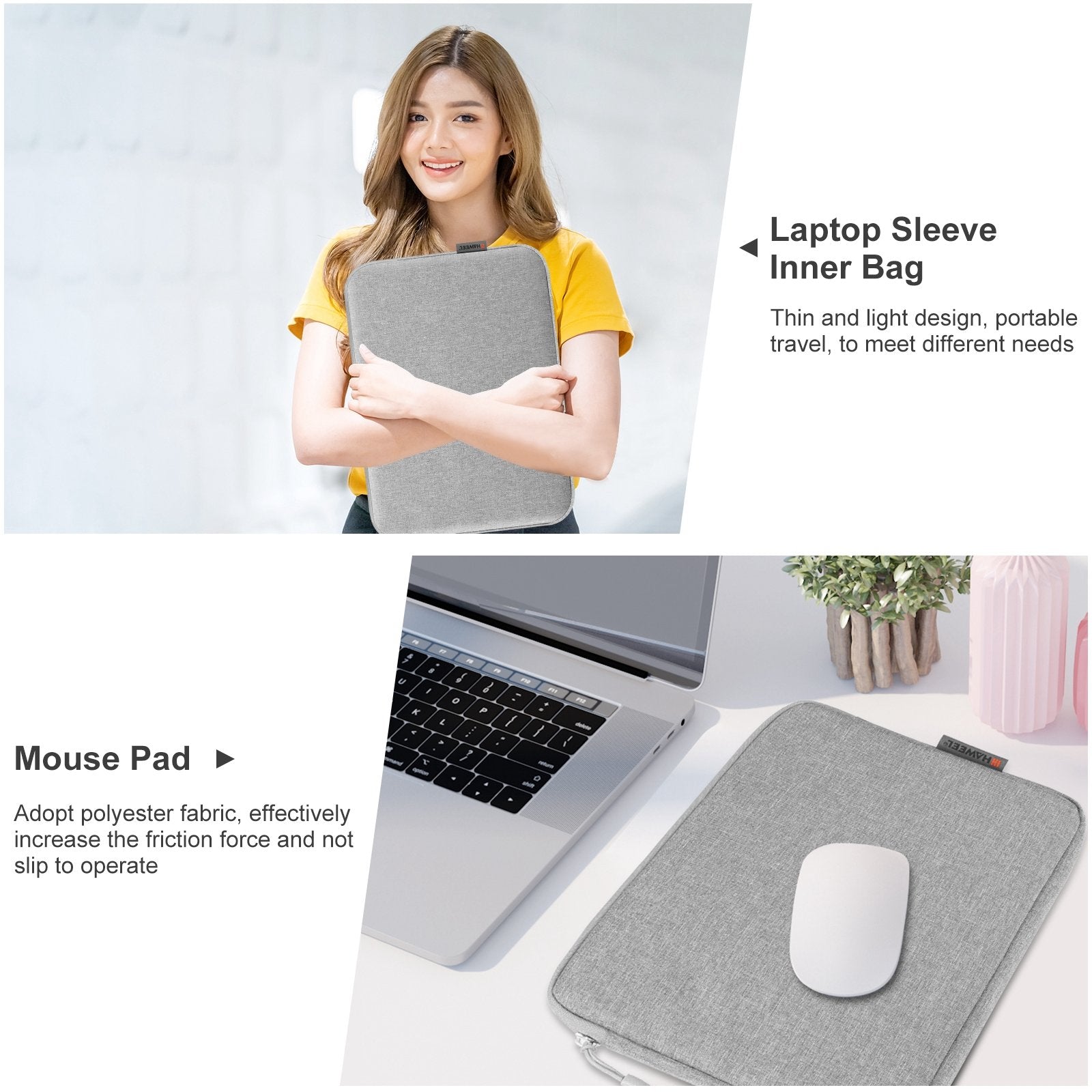 Haweel HWL7016 For Macbook Pro 15 inch (2016) / (2018-2019)  /  16 inch (2022) Shockproof Zippered Sleeve Bag Scratch Resistant Carry Case (40.5 x 29.5cm, 15-16.7 inch) - Grey