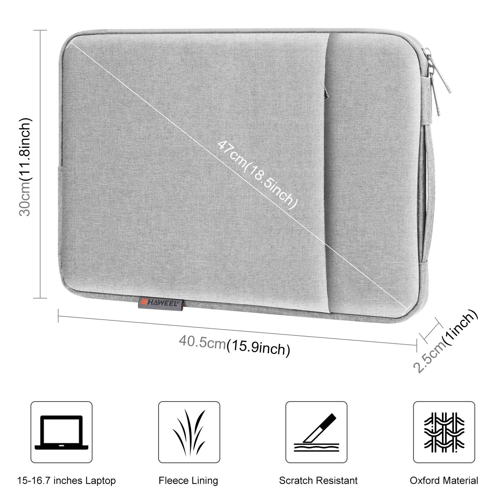 Haweel HWL7021 For 15-16.7 inch Macbook Pro 15 inch (2016) / (2018-2019)  /  16 inch (2022) Slim Carrying Case Shockproof Laptop Sleeve Bag with Handle - Grey