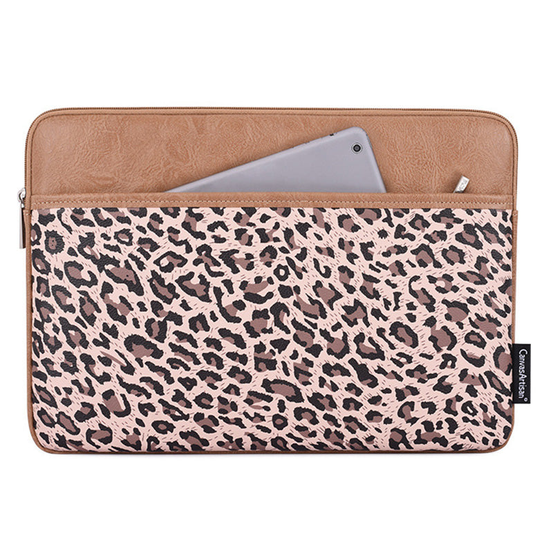Canvasartisan G31-36 15-inch Laptop Shockproof Zipper Bag Leopard Print PU Leather Notebook Protective Sleeve - Khaki