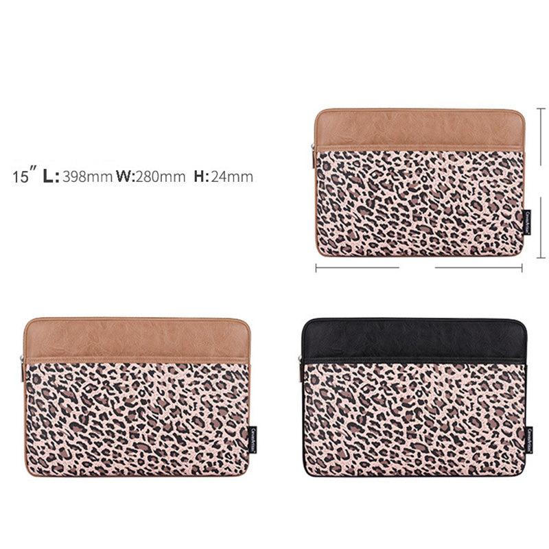 Canvasartisan G31-36 15-inch Laptop Shockproof Zipper Bag Leopard Print PU Leather Notebook Protective Sleeve - Khaki