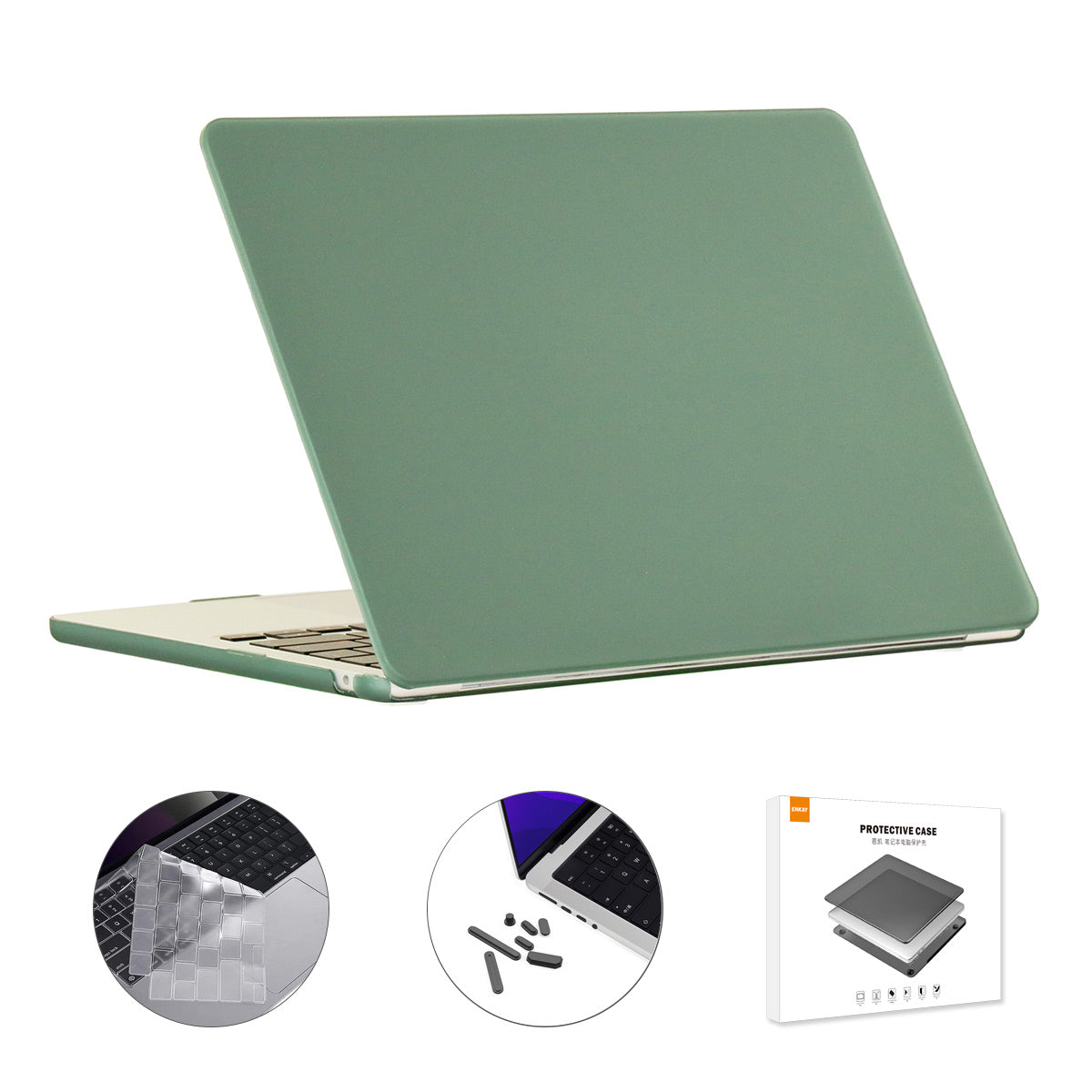 for MacBook Air 13 inch (2022)(A2681)(US Version) Matte Laptop Protective Case + Ultra Slim TPU Keyboard Film + Silicone Anti-dust Plugs - Green