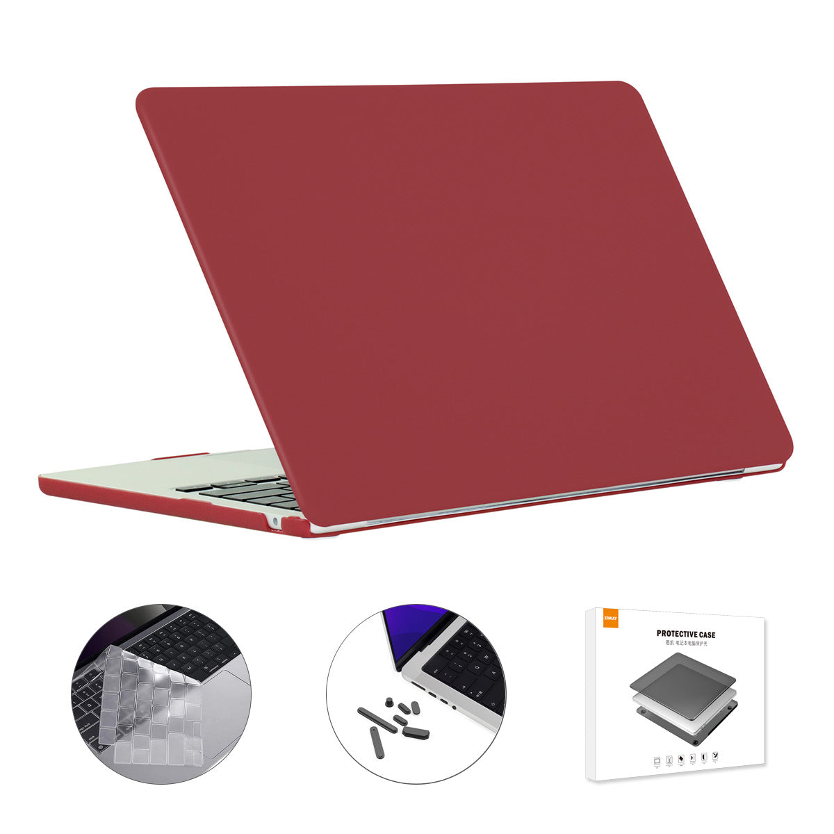 for MacBook Air 13 inch (2022)(A2681)(US Version) Matte Laptop Protective Case + Ultra Slim TPU Keyboard Film + Silicone Anti-dust Plugs - Wine Red