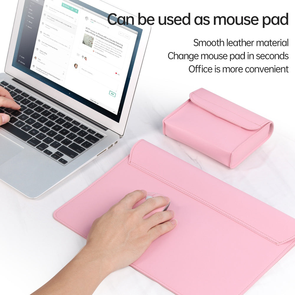 13-14 Inch Notebook Computer Sleeve for MacBook Waterproof PU Leather Mouse Pad Laptop Storage Pouch for Home Office - Pink