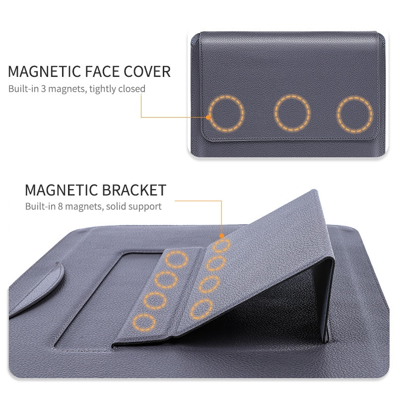 15-16 inch Notebook Leather Sleeve Bag Portable Laptop Anti-drop Carrying Bag with Stand - Dark Grey