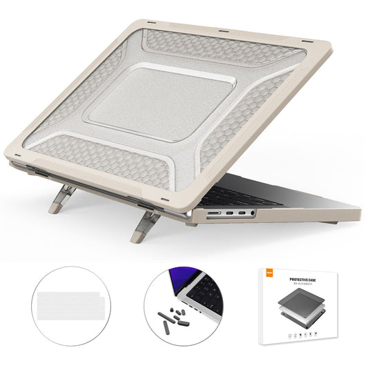 Shockproof Case for MacBook Pro 16 inch (2021) A2485 (EU Version) Anti-Drop Laptop Case Anti-Scratch Kickstand Cover with TPU Keyboard Film + Dust-Proof Plugs - Khaki