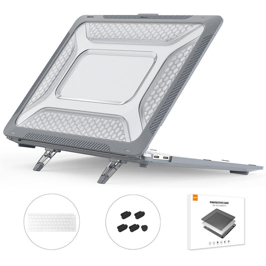 Shockproof Slim Case for MacBook Air 13 inch (2018) A1932 (EU Version) Anti-Scratch Laptop Case Kickstand Protective Cover with TPU Keyboard Film + Dust-Proof Plugs - Grey