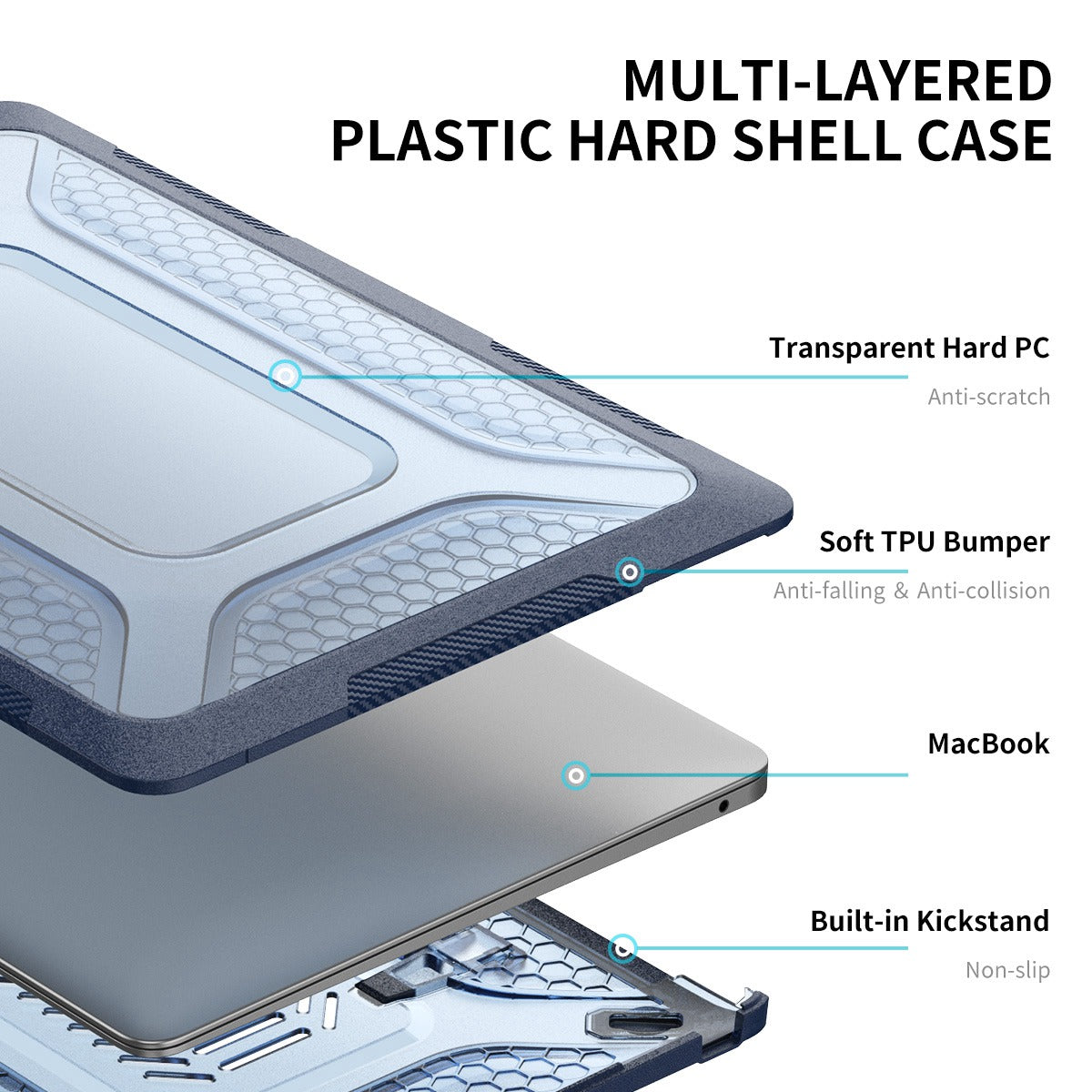 Shockproof Slim Case for MacBook Air 13 inch (2018) A1932 (EU Version) Anti-Scratch Laptop Case Kickstand Protective Cover with TPU Keyboard Film + Dust-Proof Plugs - Grey