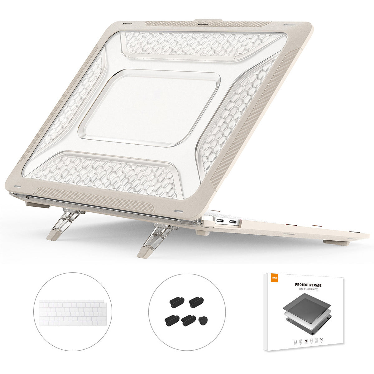 Shockproof Slim Case for MacBook Air 13 inch (2018) A1932 (EU Version) Anti-Scratch Laptop Case Kickstand Protective Cover with TPU Keyboard Film + Dust-Proof Plugs - Khaki