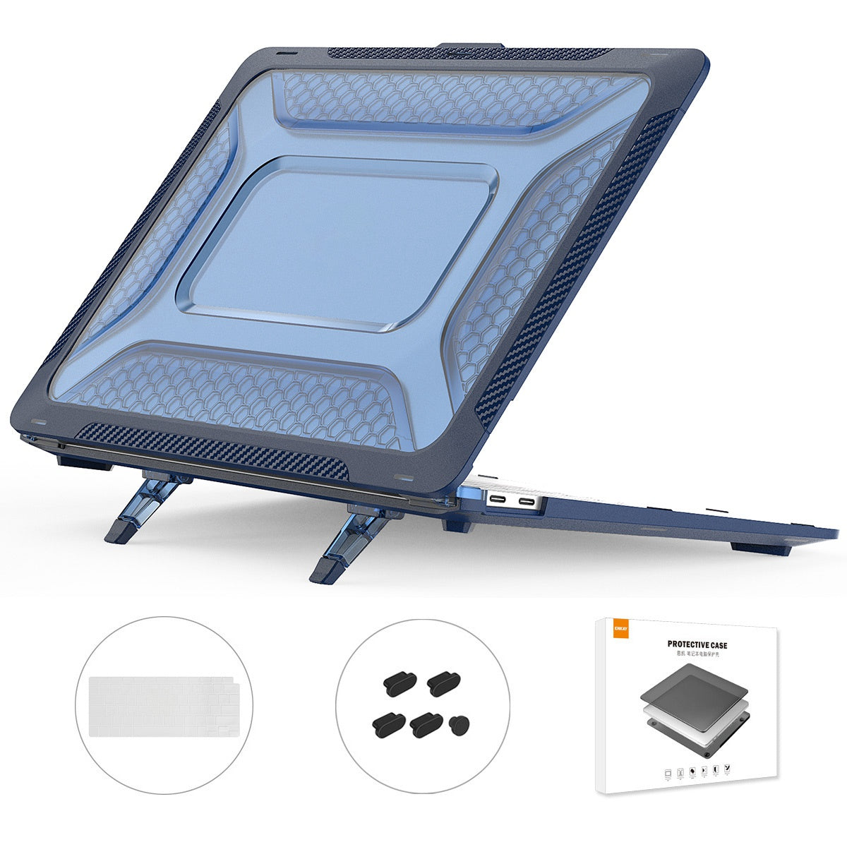 Protective Case for MacBook Air 13 inch (2018) A1932 (US Version) Shockproof Laptop Slim Cover Anti-Drop Kickstand Case with TPU Keyboard Film + Dust-Proof Plugs - Blue