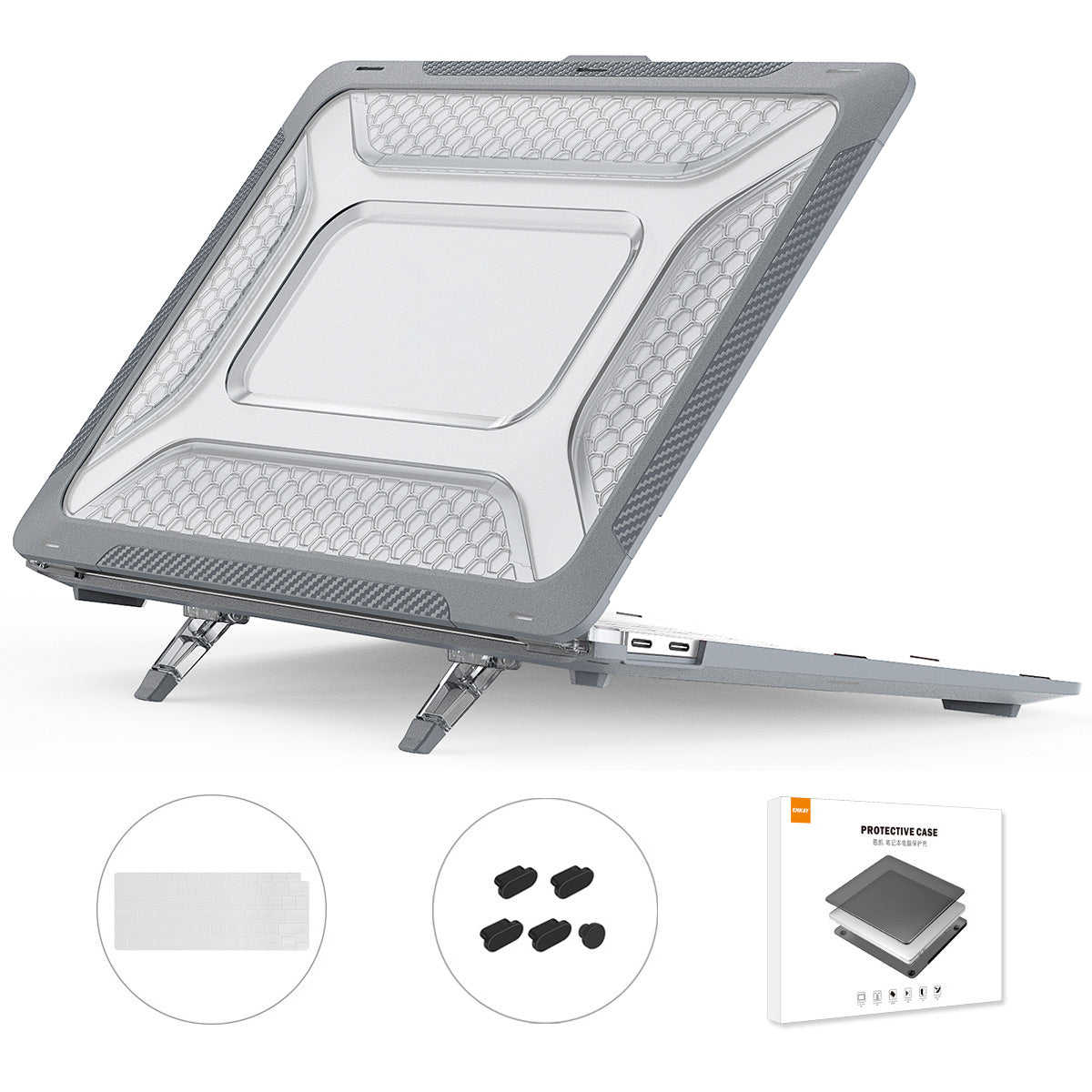 Protective Case for MacBook Air 13 inch (2018) A1932 (US Version) Shockproof Laptop Slim Cover Anti-Drop Kickstand Case with TPU Keyboard Film + Dust-Proof Plugs - Grey