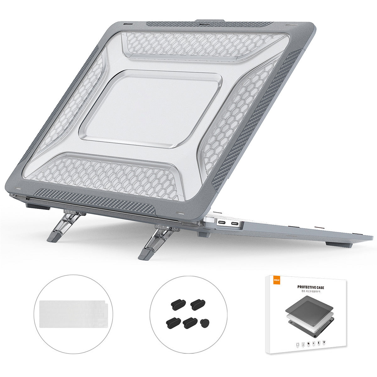 Shockproof Kickstand Case for MacBook Air 13 inch (2020) A2179 / A2337 (EU Version) Anti-Fall Laptop Protective Case with TPU Keyboard Film + Dust-Proof Plugs - Grey