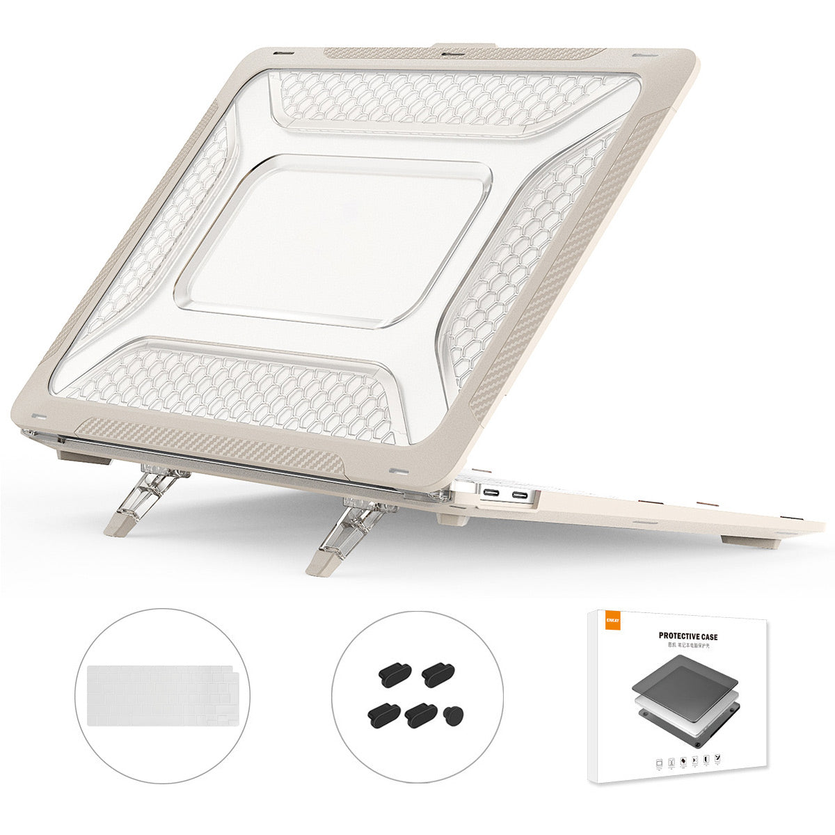 Shockproof Kickstand Case for MacBook Air 13 inch (2020) A2179 / A2337 (EU Version) Anti-Fall Laptop Protective Case with TPU Keyboard Film + Dust-Proof Plugs - Khaki