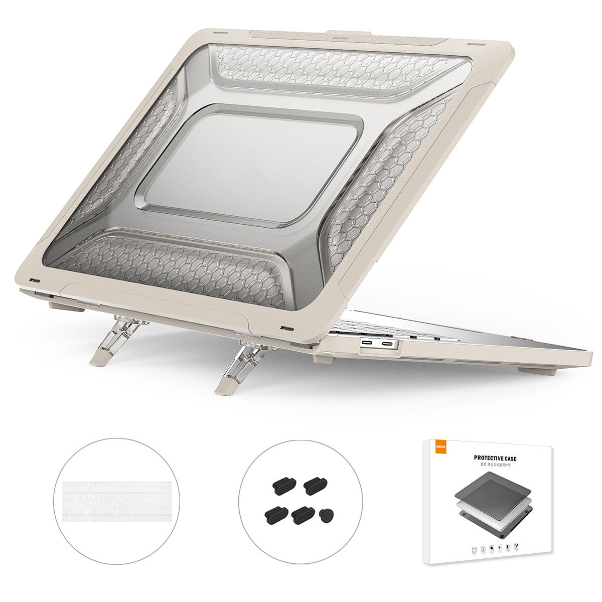 Protective Case for MacBook Pro 13 inch (2016) A1706  /  (2018) A1989  /  (2019) A2159 (US Version) Laptop Kickstand Cover with TPU Keyboard Film + Dust-Proof Plugs - Khaki