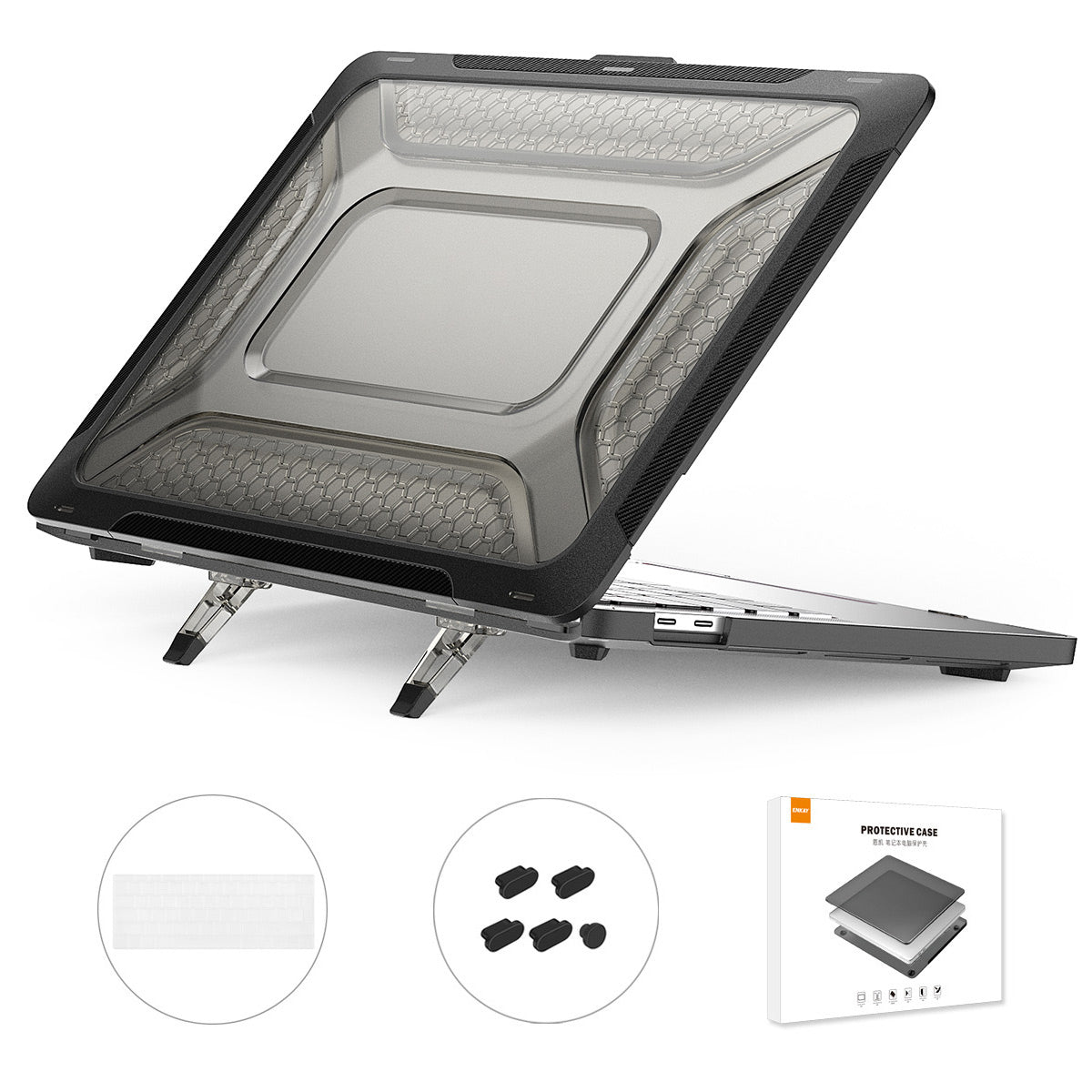 for MacBook Pro 13 inch (2016) A1706 / (2018) A1989 / (2019) A2159 (EU Version) Kickstand Case Hard PC Heat Dissipation Cover with TPU Keyboard Film + Dust-Proof Plugs - Black