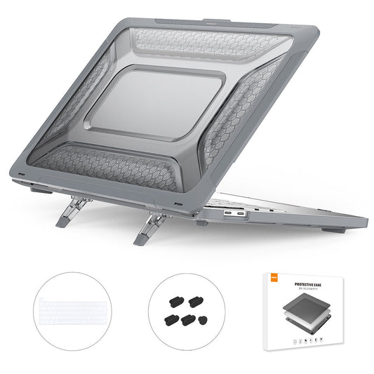 for MacBook Pro 13 inch (2020) A2251 / A2289 / A2338 (EU Version) Hard PC Protective Cover Kickstand Laptop Case with Transparent TPU Keyboard Film + Anti-Dust Plugs - Grey