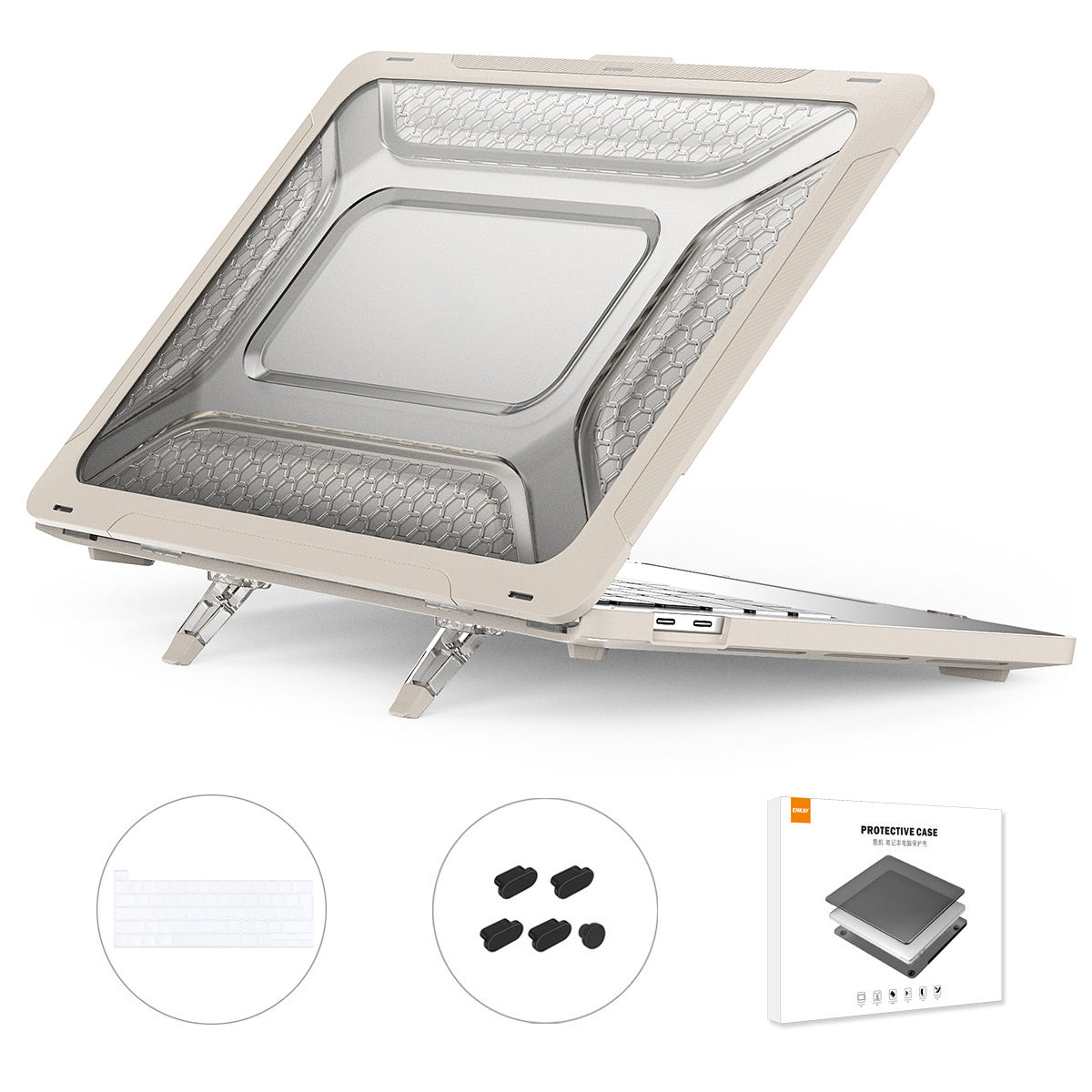 for MacBook Pro 13 inch (2020) A2251 / A2289 / A2338 (EU Version) Hard PC Protective Cover Kickstand Laptop Case with Transparent TPU Keyboard Film + Anti-Dust Plugs - Khaki