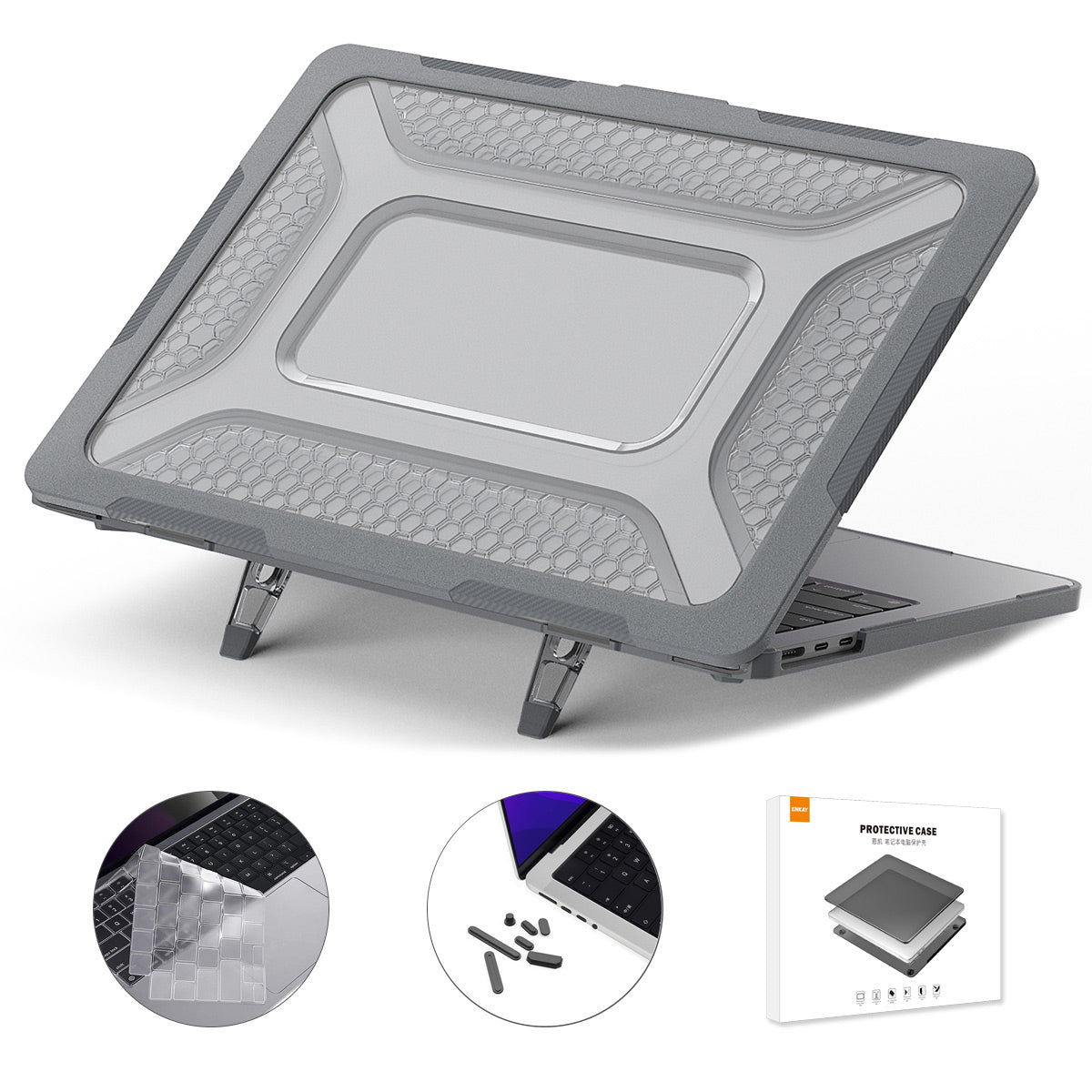 for MacBook Air 13 inch (2022) A2681 (US) 3-in-1 Laptop Case Hard PC Kickstand Protective Cover with TPU Keyboard Film + Anti-Dust Plugs - Grey