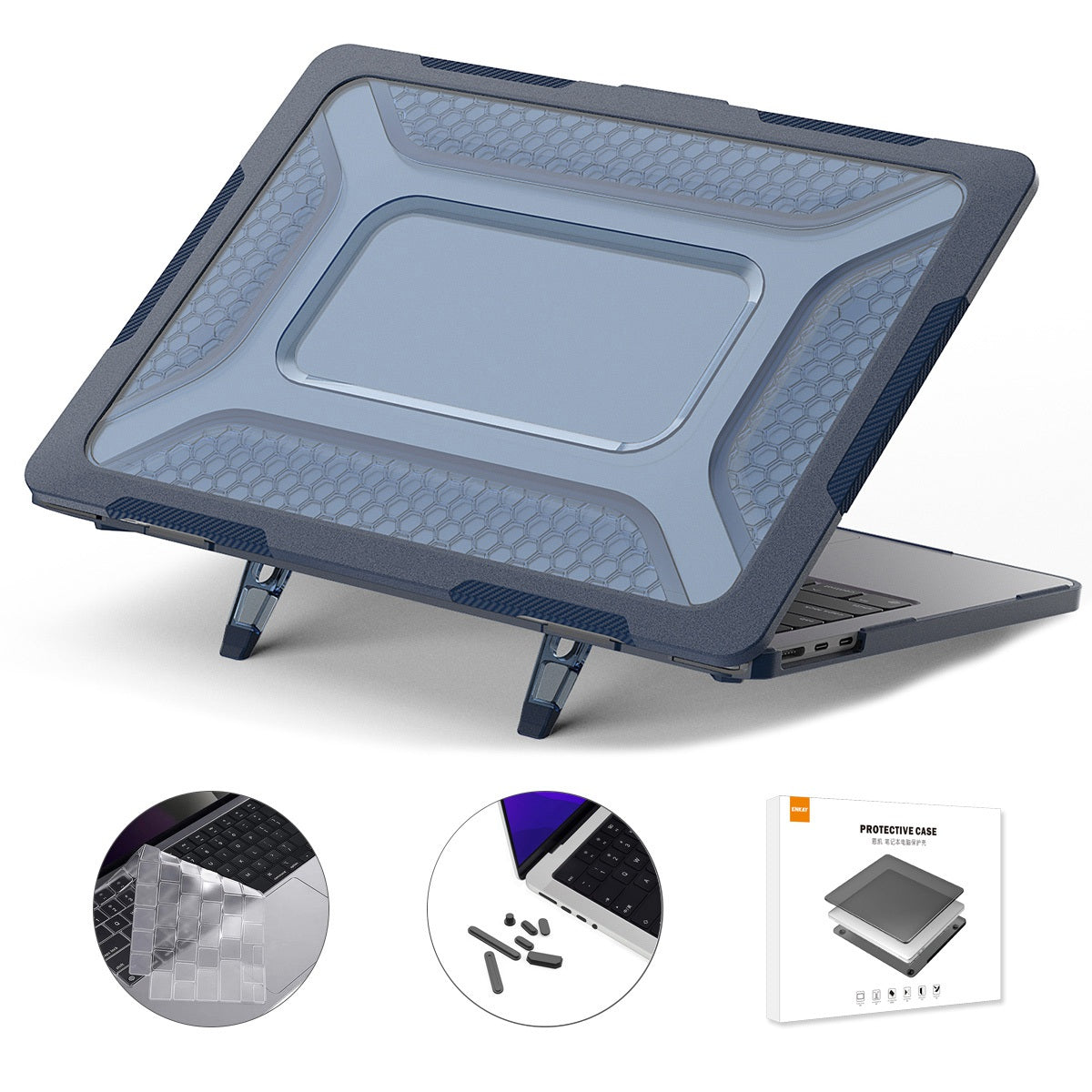 for MacBook Air 13 inch (2022) A2681 (US) 3-in-1 Laptop Case Hard PC Kickstand Protective Cover with TPU Keyboard Film + Anti-Dust Plugs - Blue