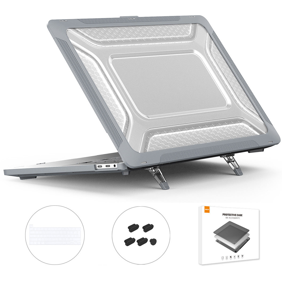for MacBook Pro 16 inch (2019) A2141 (EU Version) Hard PC Shock-Absorbing Cover Kickstand Protective Laptop Case Shell with TPU Keyboard Film + Anti-Dust Plugs - Grey