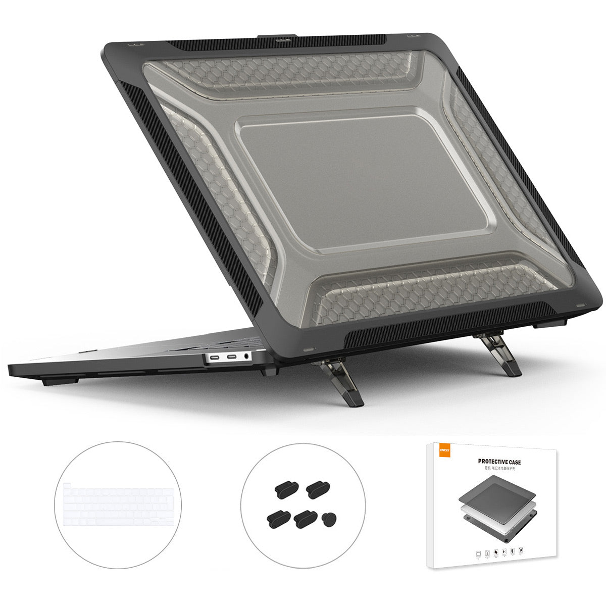 for MacBook Pro 16 inch (2019) A2141 (EU Version) Hard PC Shock-Absorbing Cover Kickstand Protective Laptop Case Shell with TPU Keyboard Film + Anti-Dust Plugs - Black