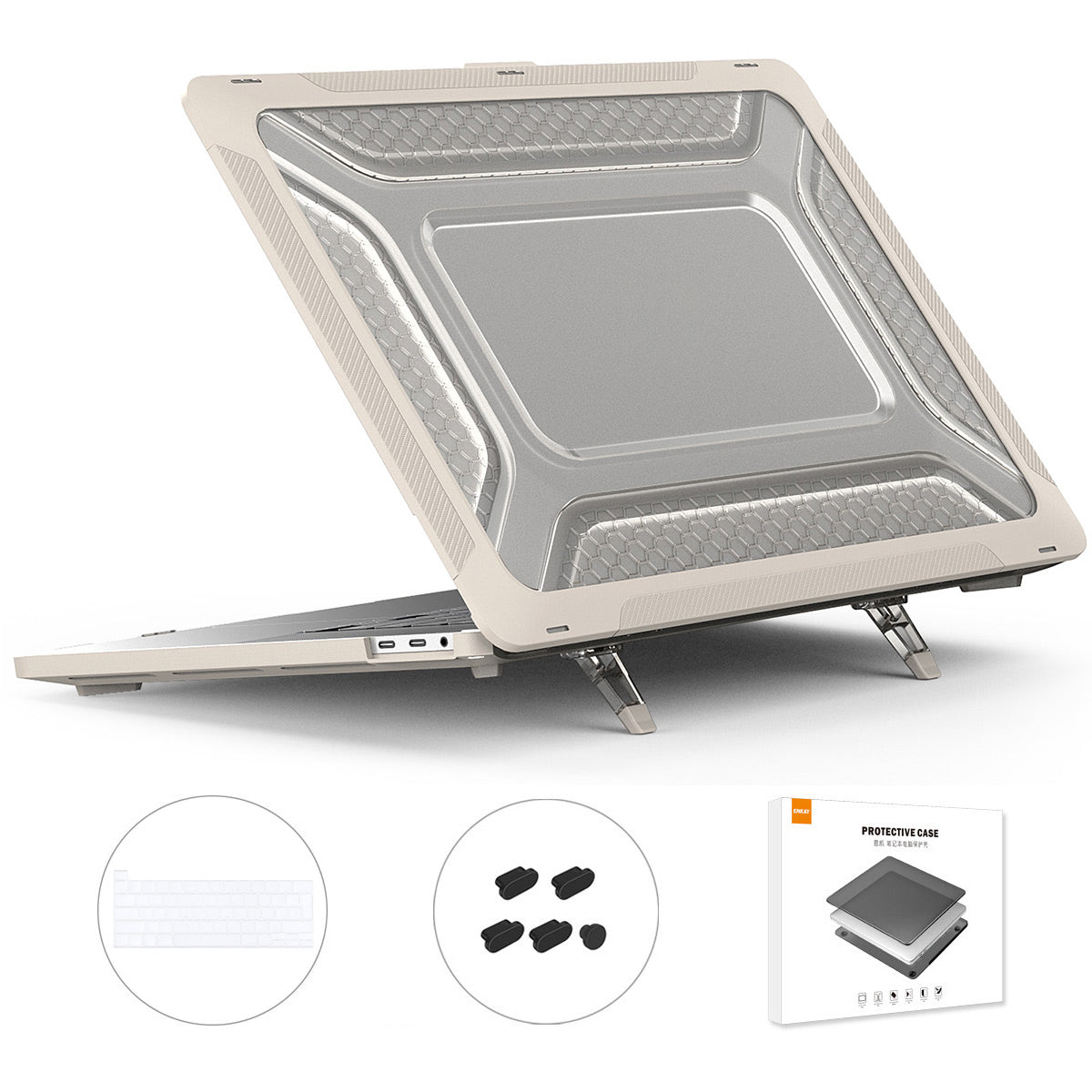 for MacBook Pro 16 inch (2019) A2141 (EU Version) Hard PC Shock-Absorbing Cover Kickstand Protective Laptop Case Shell with TPU Keyboard Film + Anti-Dust Plugs - Khaki