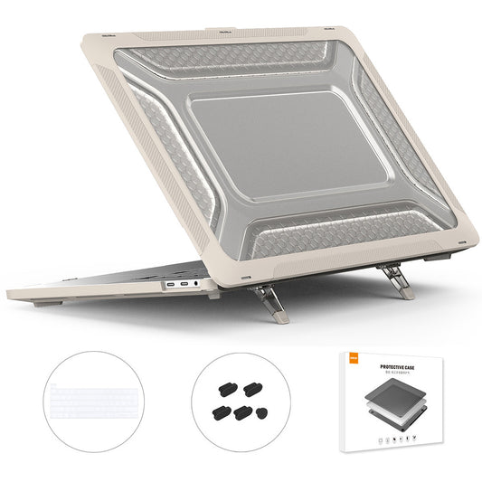 for MacBook Pro 16 inch (2019) A2141 (EU Version) Hard PC Shock-Absorbing Cover Kickstand Protective Laptop Case Shell with TPU Keyboard Film + Anti-Dust Plugs - Khaki